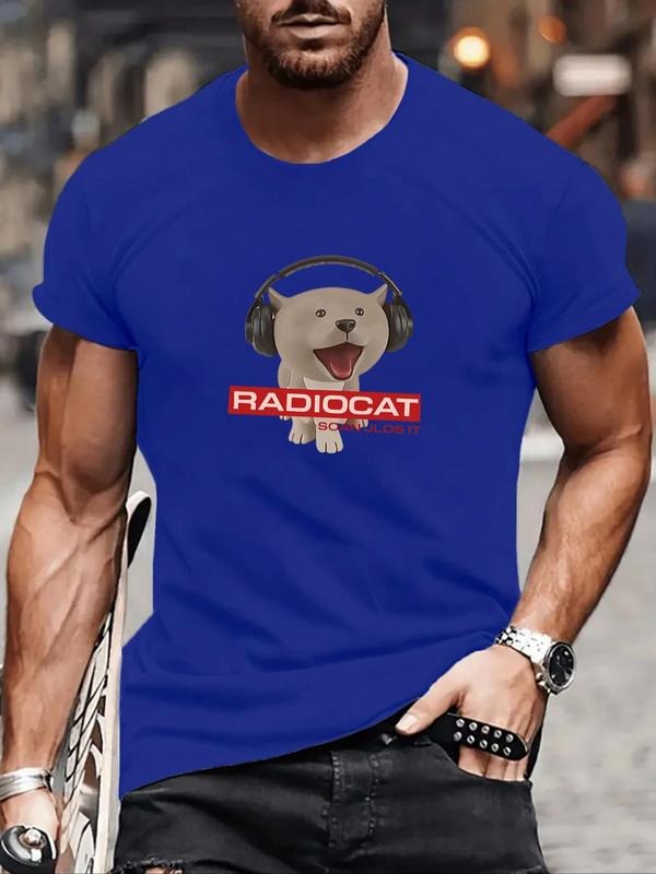 Men's RadioCat Print Round Neck Tee, Regular Fit Casual Short Sleeve Crew Neck T-Shirt for Summer, Fashion Men's Top for...