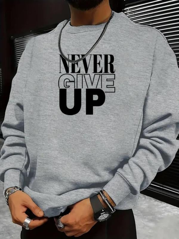 Men's Regular Fit "Never Give Up" Slogan Print Round Neck Sweatshirt, Casual Long Sleeve Crew Neck Pullover for Daily...