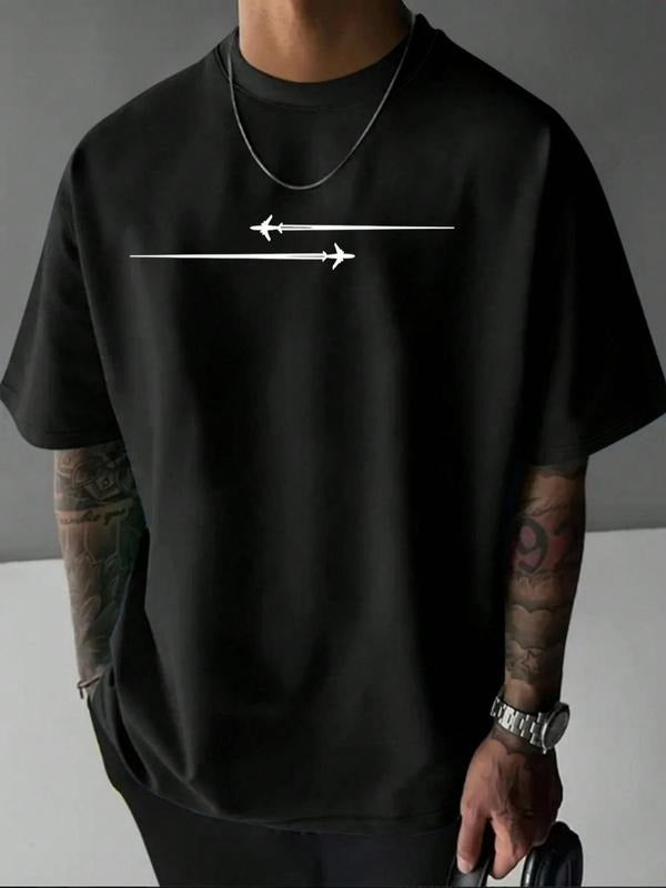 Men's Regular Fit Airplane Print Round Neck Tee, Casual Short Sleeve Crew Neck T-shirt for Summer, Fashion Men's Top for...