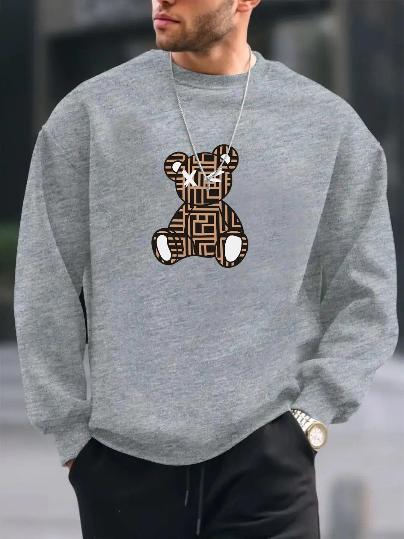 Men's Regular Fit Bear Print Round Neck Sweatshirt, Casual Long Sleeve Crew Neck Pullover for Daily Wear, Fashion Men's...