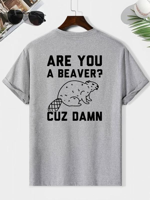 Men's Regular Fit Beaver & Letter Print Round Neck Tee, Casual Short Sleeve Crew Neck T-shirt for Summer, Fashion Men's...