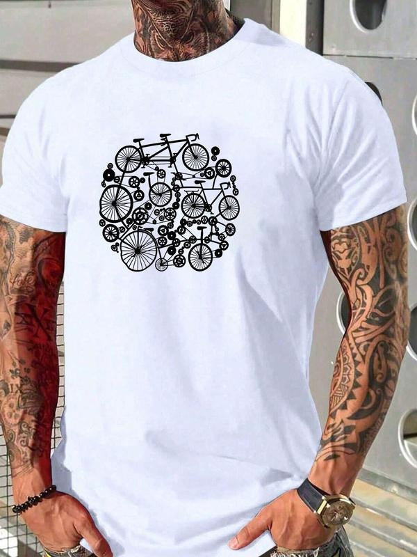 Men's Regular Fit Bicycle Print Round Neck Graphic Tee, Casual Short Sleeve T-shirt for Summer, Men's Top for Daily Wear...