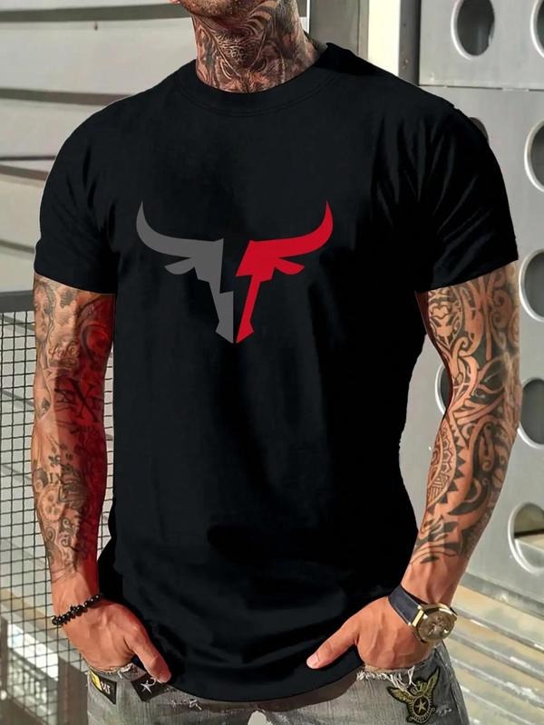 Men's Regular Fit Bull Print Round Neck Tee, Casual Short Sleeve Crew Neck T-Shirt for Summer, Fashion Men's Top for...