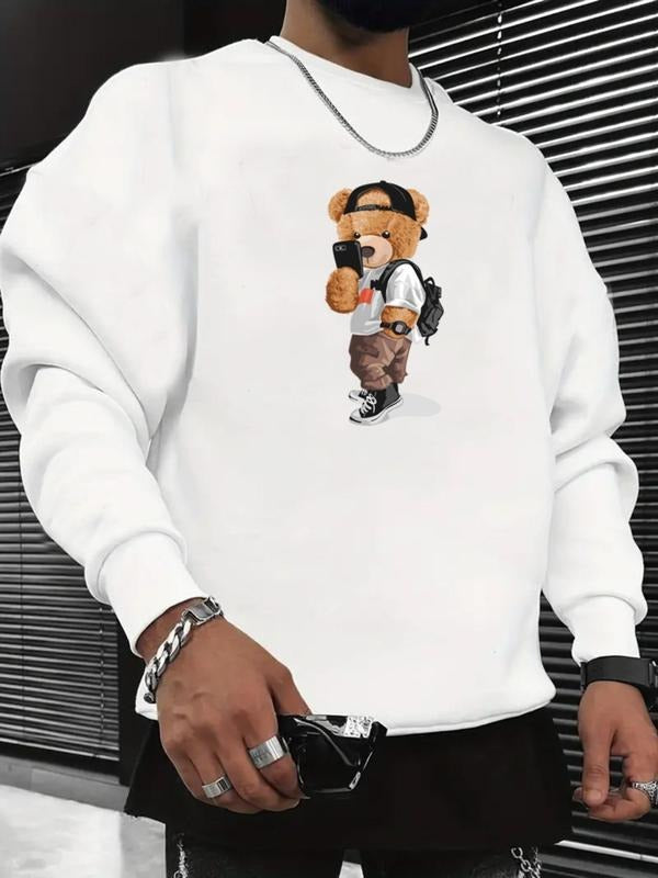 Men's Regular Fit Cartoon Bear Print Round Neck Sweatshirt, Casual Long Sleeve Crew Neck Pullover for Daily Wear, Fashion...