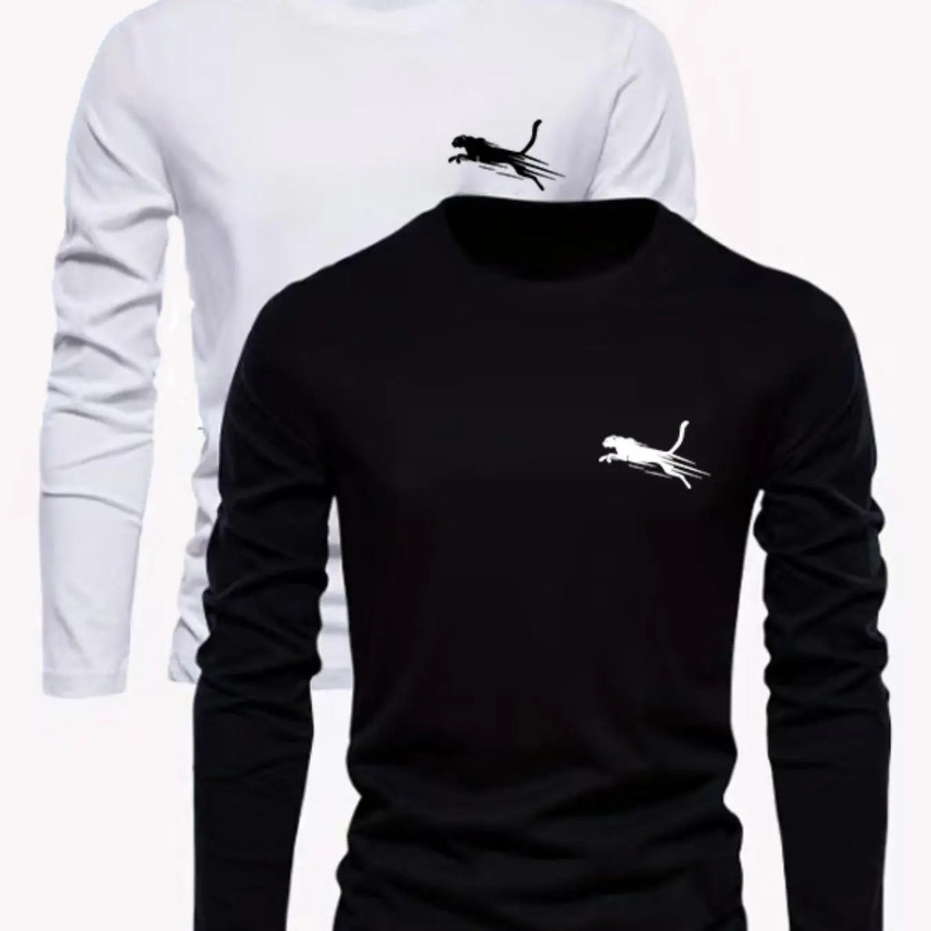 Men's Regular Fit Cartoon Leopard Print Round Neck Long Sleeve Tee, Casual Crew Neck T-shirt for Fall & Winter, Men's Top...