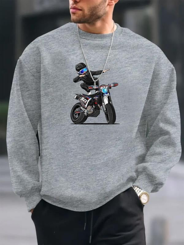 Men's Regular Fit Cartoon Motorcycle Print Round Neck Sweatshirt, Casual Long Sleeve Crew Neck Pullover for Daily Wear,...
