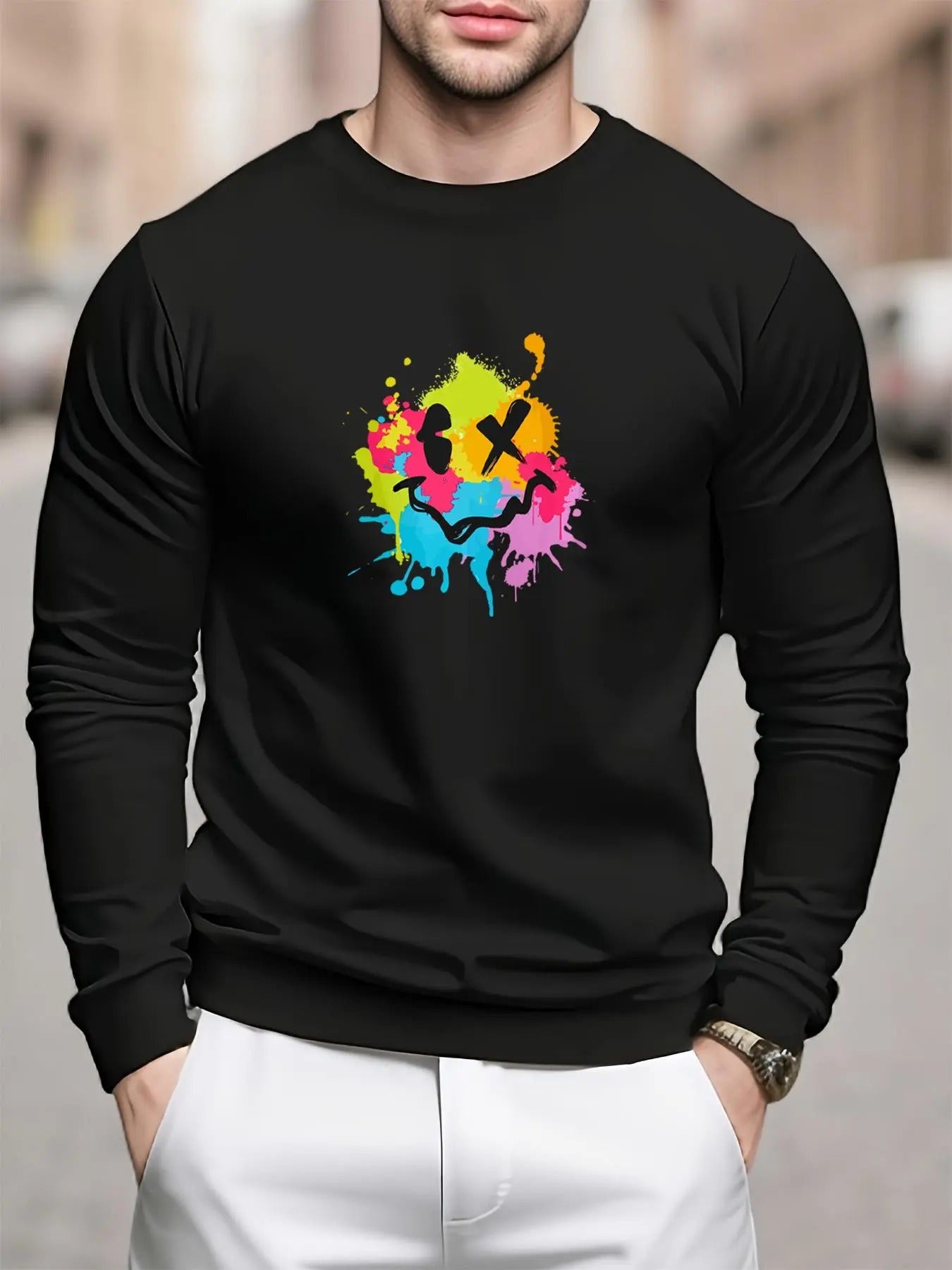 Men's Regular Fit Cartoon Smile Face Print Round Neck Sweatshirt, Casual Long Sleeve Crew Neck Pullover for Daily Wear,...