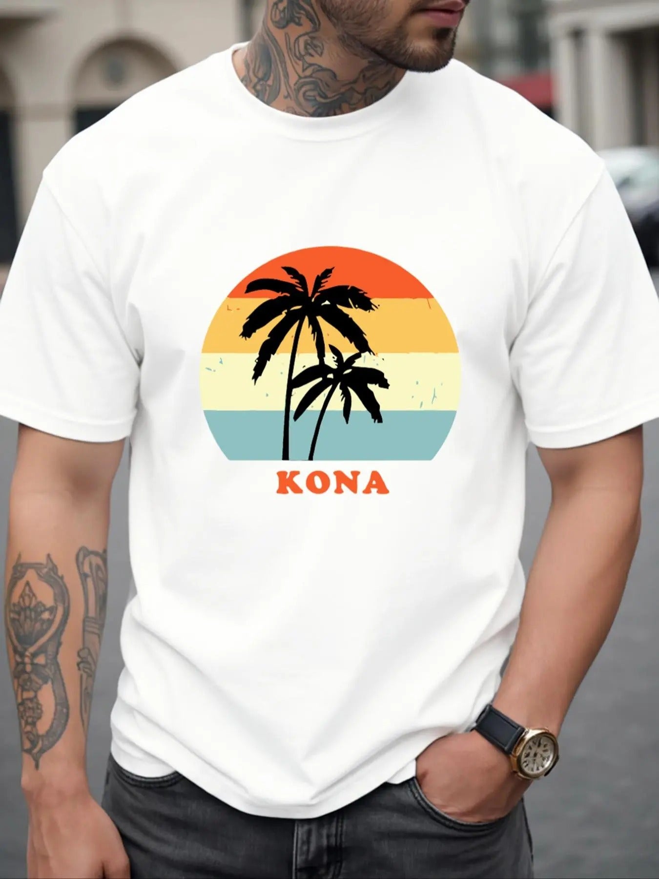 Men's Regular Fit Coconut Tree Print Round Neck Tee, Casual Short Sleeve T-shirt for Summer, Men's Top for Daily Wear,...