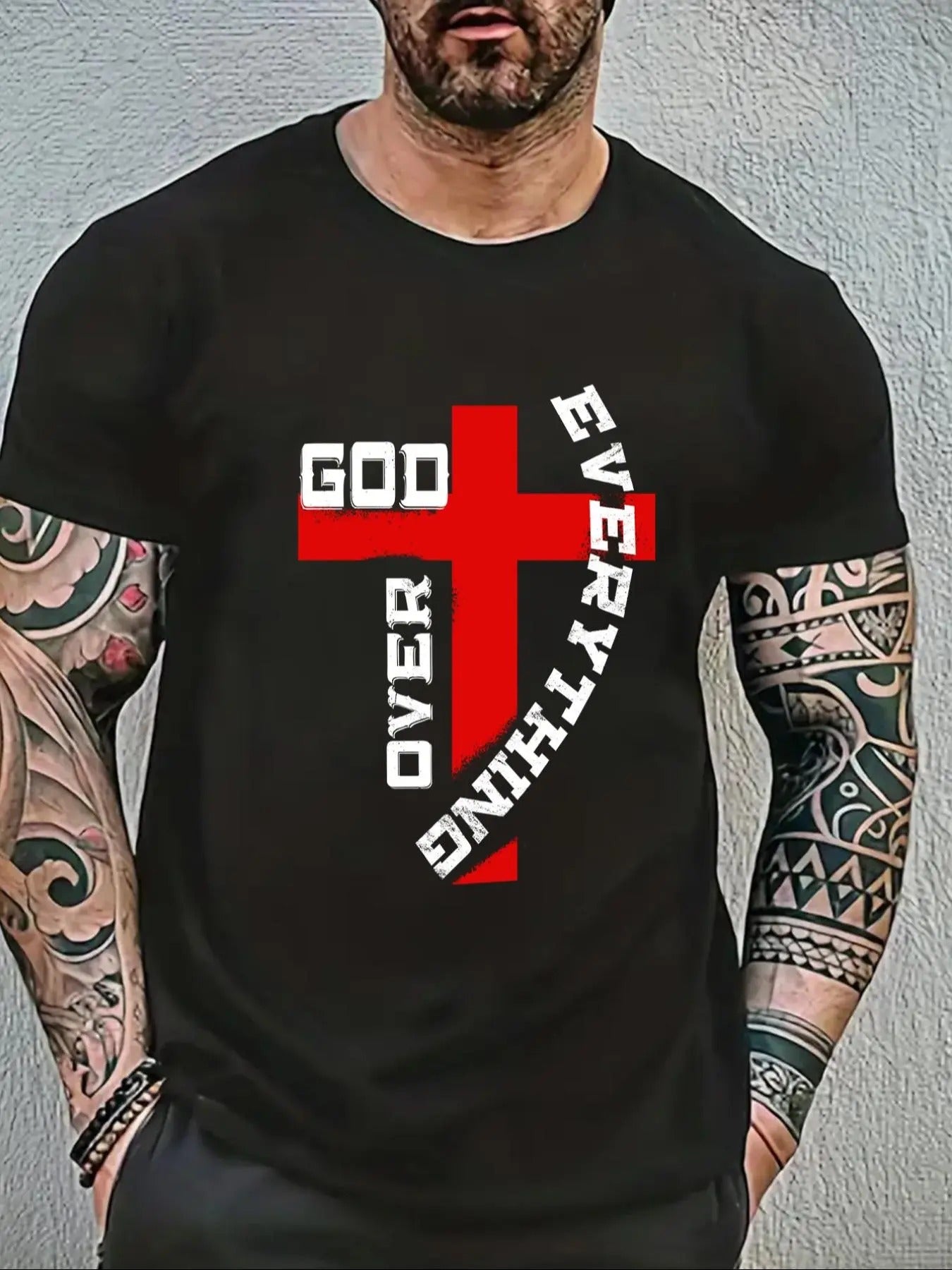 Men's Regular Fit Cross & Letter Print Round Neck Tee, Casual Short Sleeve Crew Neck T-shirt for Summer, Comfy Breathable...