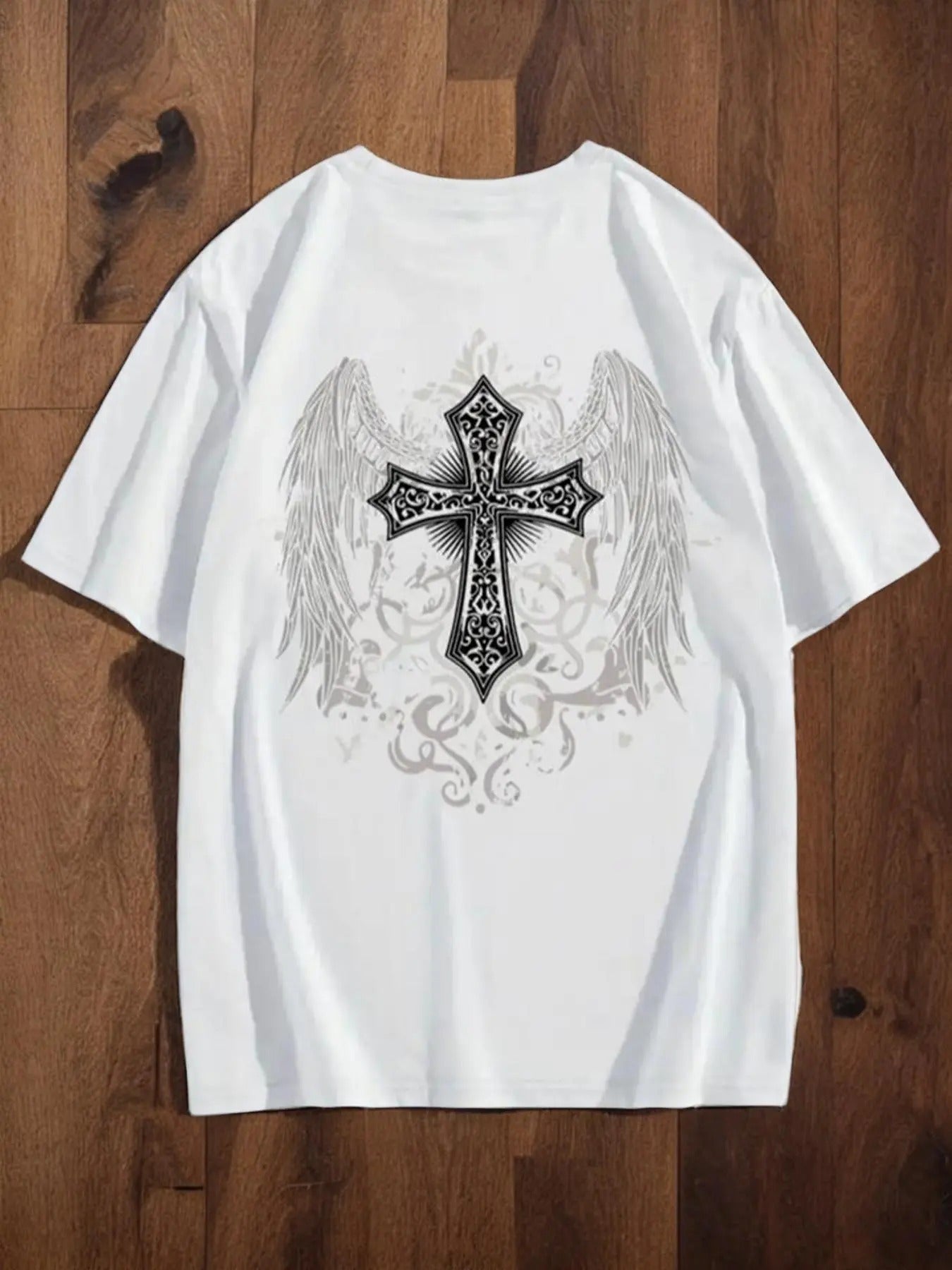 Men's Regular Fit Cross & Wing Print Drop Shoulder Tee, Casual Short Sleeve Round Neck T-shirt for Summer, Summer...