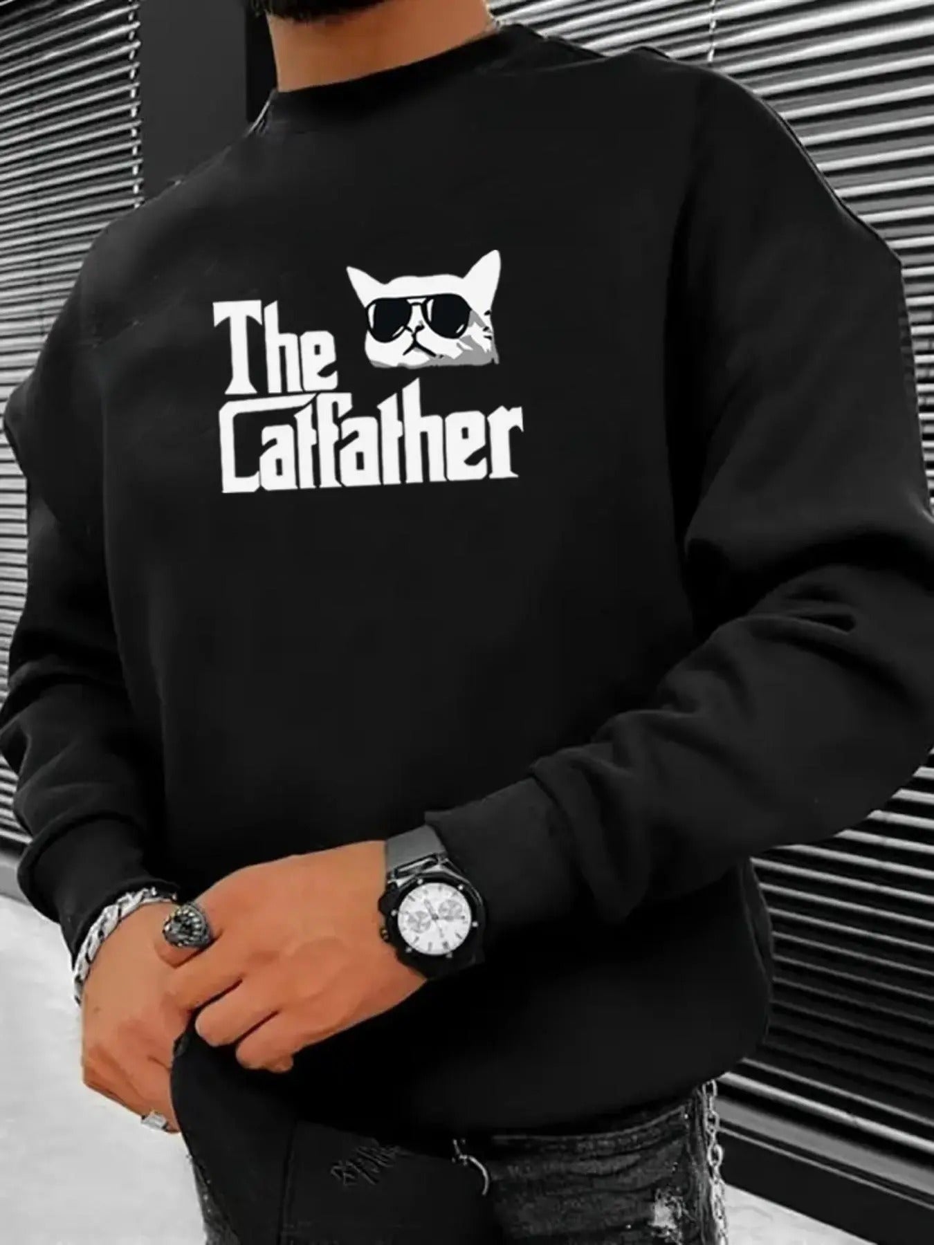 Men's Regular Fit Cute Cat & Letter Print Round Neck Sweatshirt, Fashion Casual Crew Neck Pullover for Daily Holiday...