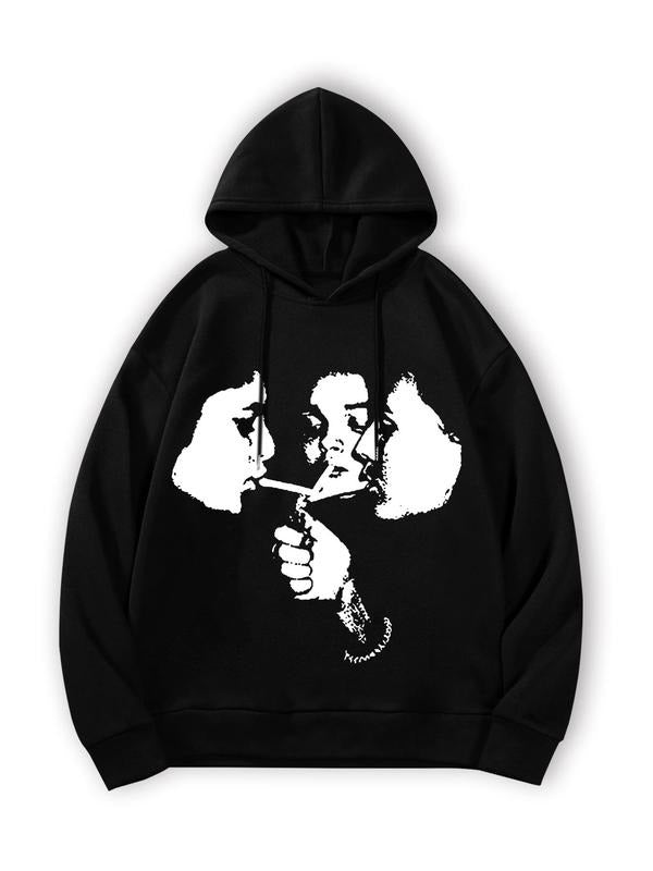 Men's Regular Fit Face Print Drop Shoulder Thermal Lined Hoodie, Fashion Casual Drawstring Pocket Hooded Sweatshirt for...