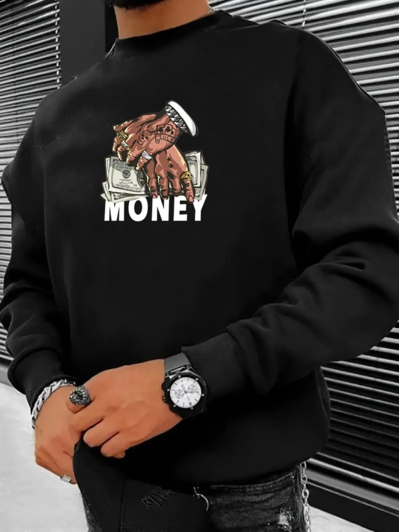 Men's Regular Fit Graphic Round Neck Sweatshirt, Letter & Money Print Long Sleeve Pullover for Daily Wear, Fashion Casual...