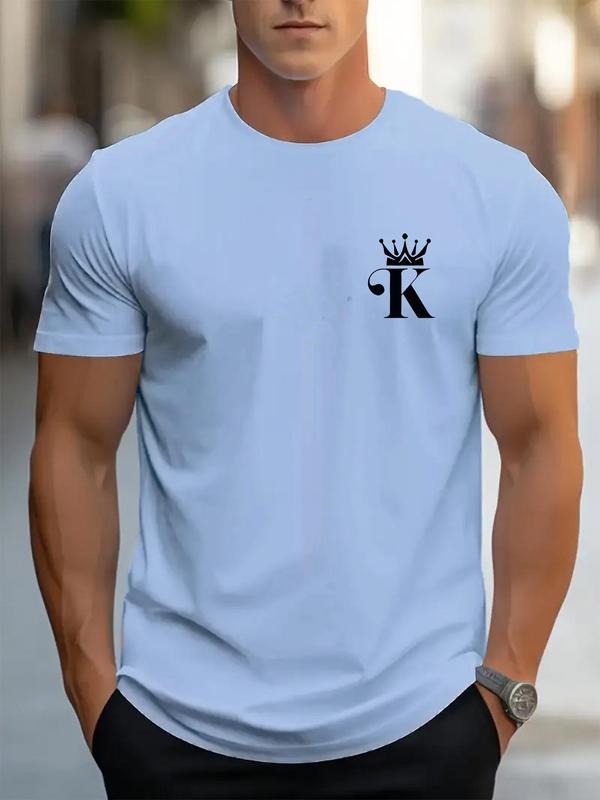 Men's Regular Fit Graphic Round Neck Tee, Crown & Letter Print Short Sleeve T-Shirt Summer Clothes for Outdoor Daily...