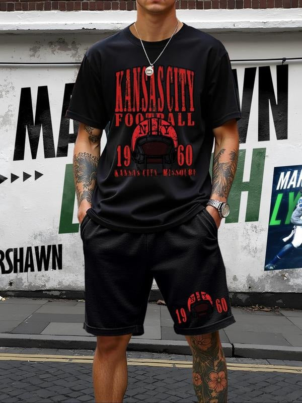 Men's Regular Fit Helmet Print Short Sleeve Graphic Tee & Short Set, Casual Round Neck T-shirt & Shorts, Men's Outfits...