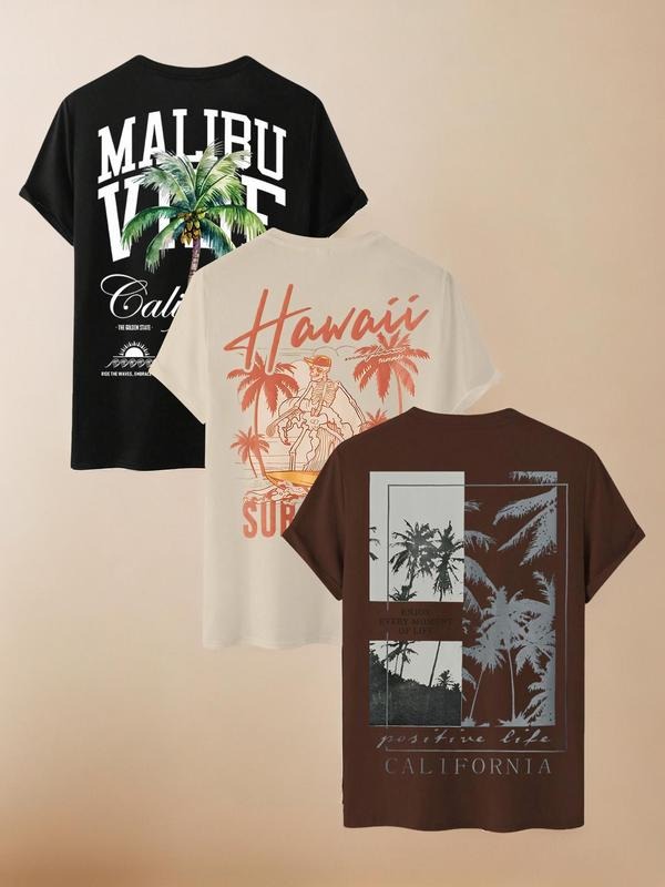 Men's Regular Fit Landscape Print Short Sleeve Tee, Casual Comfy Palm Tree Print Round Neck T-shirt for Summer, Fashion...