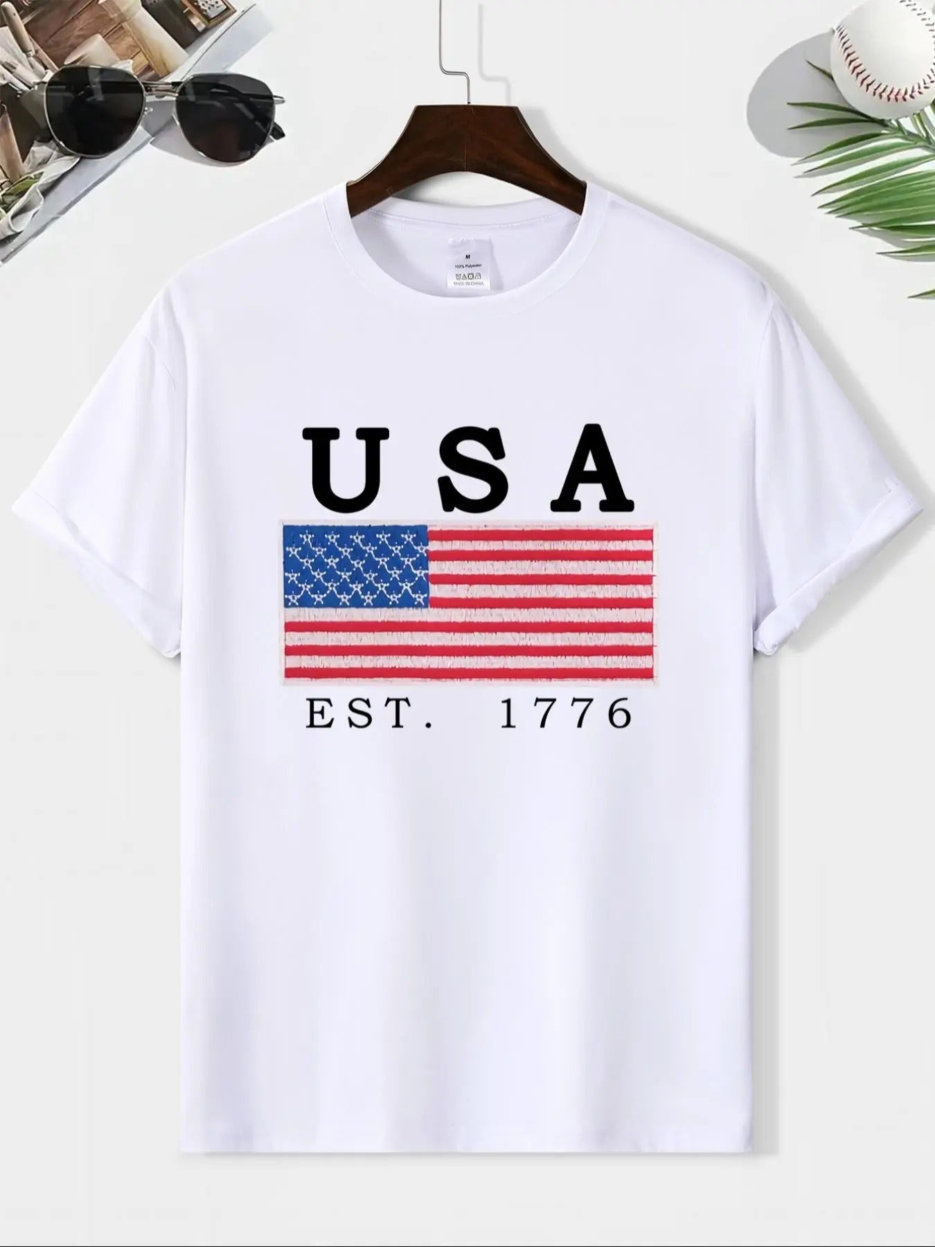 Men's Regular Fit Letter & American Flag Print Round Neck Tee, Casual Comfy Short Sleeve T-shirt for Daily Wear, Summer...