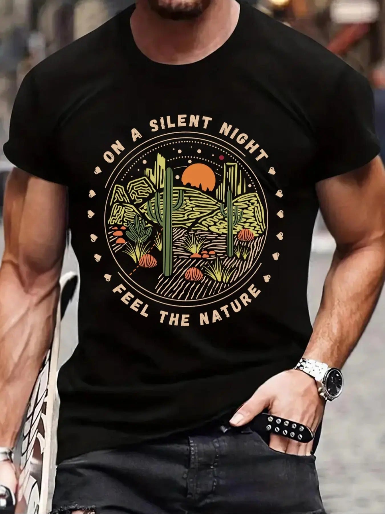 Men's Regular Fit Letter & Cactus Print Round Neck Tee, Crew Neck Short Sleeve T-Shirt for Men, Casual Comfy Knitting Top...