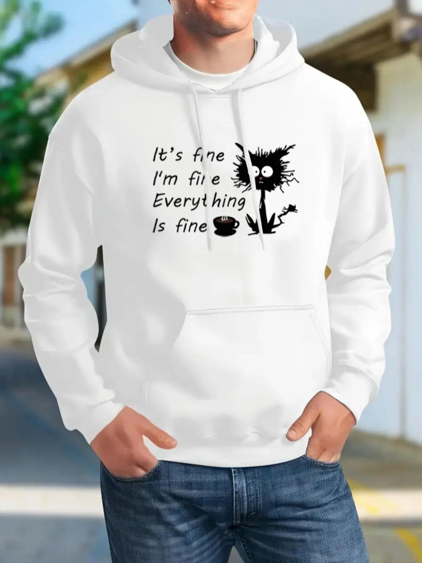 Men's Regular Fit Letter & Cat Print Drop Shoulder Hoodie, Fashion Casual Drawstring Pocket Hooded Sweatshirt for Daily...