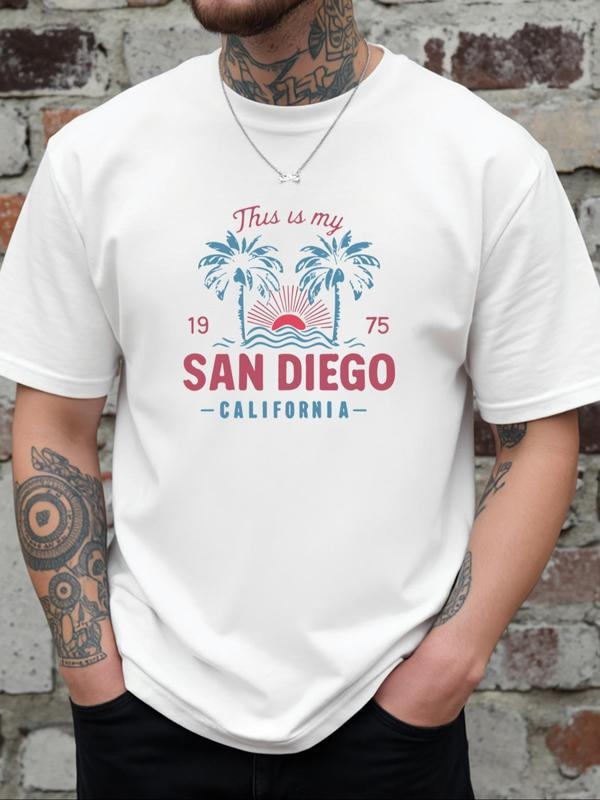 Men's Regular Fit Letter & Coconut Tree Print Round Neck Tee, Casual Short Sleeve Crew Neck T-Shirt for Daily Wear,...