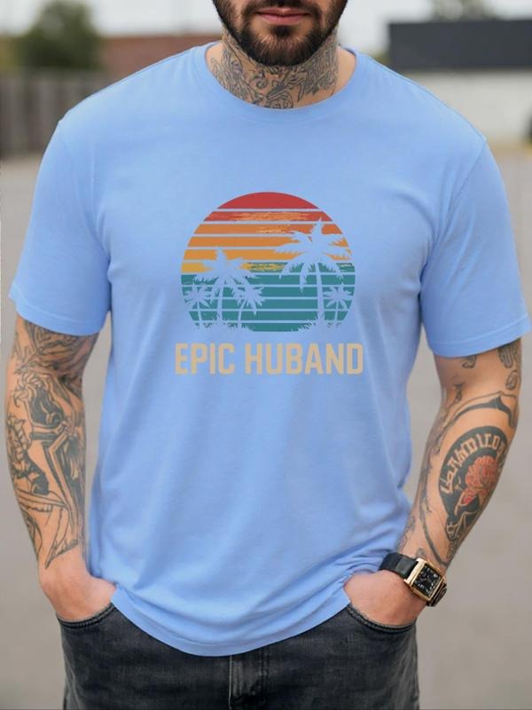 Men's Regular Fit Letter & Coconut Tree Print Round Neck Tee, Casual Short Sleeve Crew Neck T-shirt for Daily Wear,...