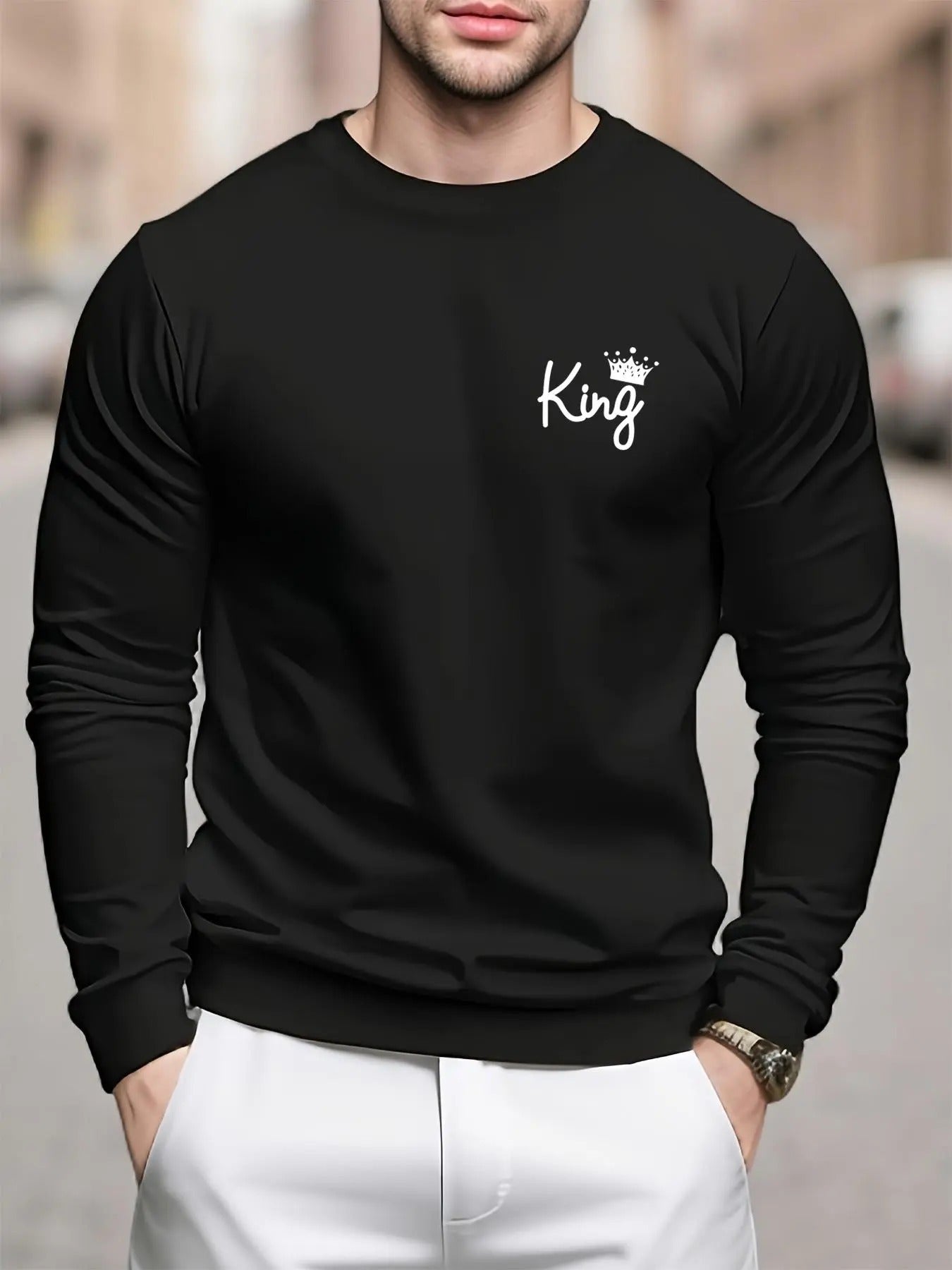 Men's Regular Fit Letter & Crown Print Round Neck Sweatshirt, Casual Long Sleeve Crew Neck Pullover for Daily Wear,...