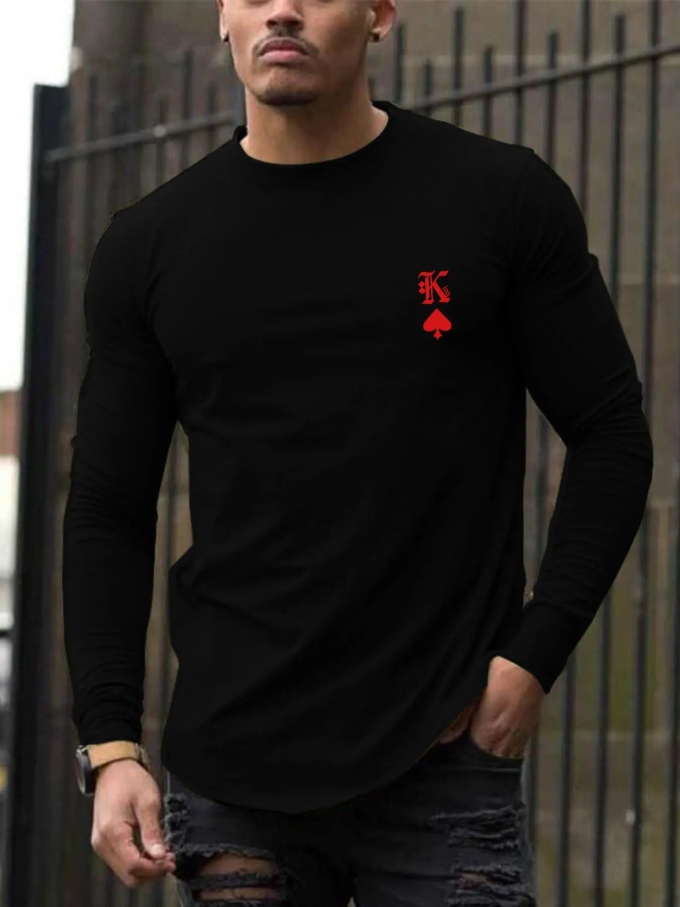 Men's Regular Fit Letter & Heart Print Round Neck Longsleeves Tee, Streetwear Tshirt, Casual Long Sleeve Crew Neck...