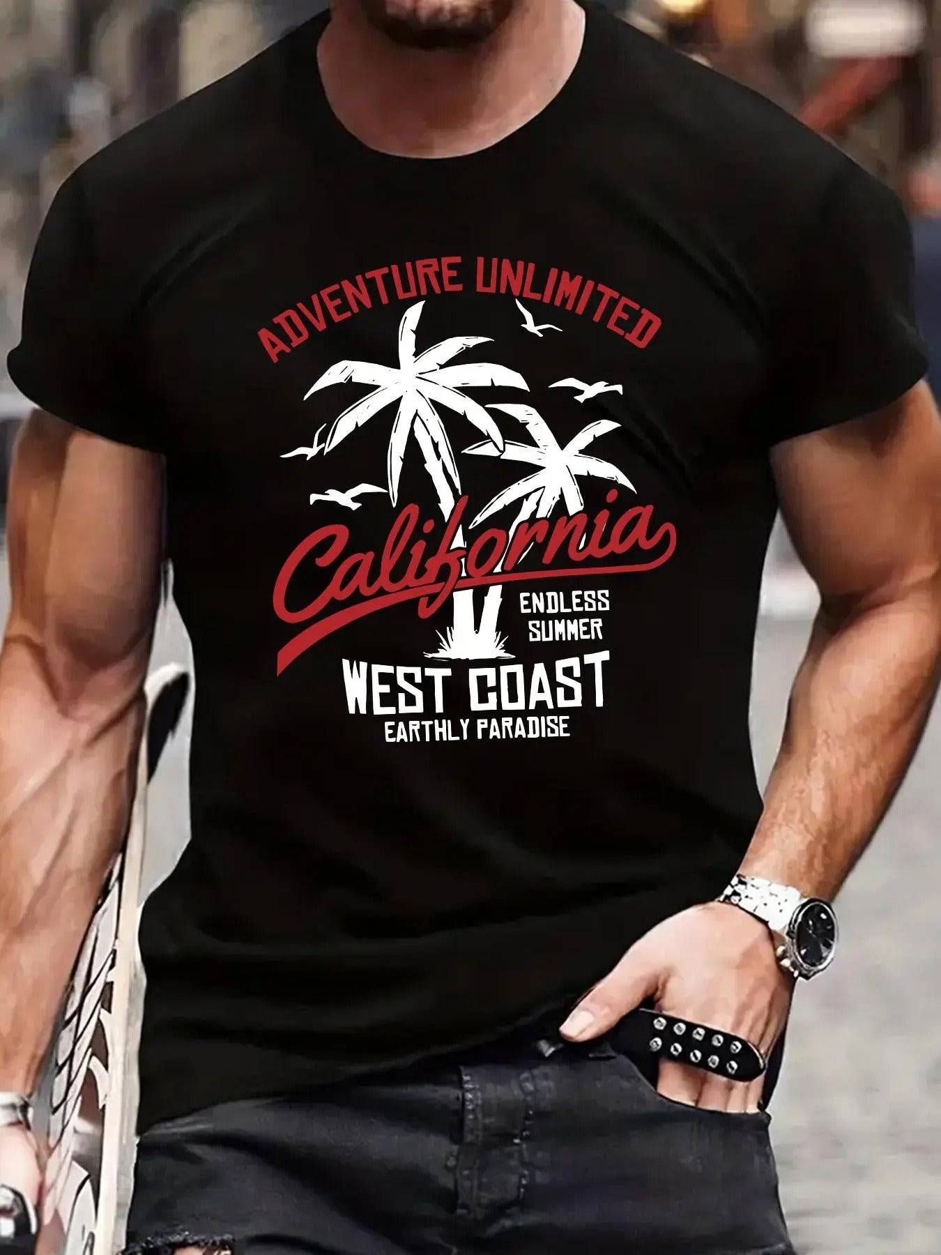 Men's Regular Fit Letter & Palm Tree Print Round Neck Tee, Crew Neck Short Sleeve T-shirt for Men, Casual Comfy Knitting...