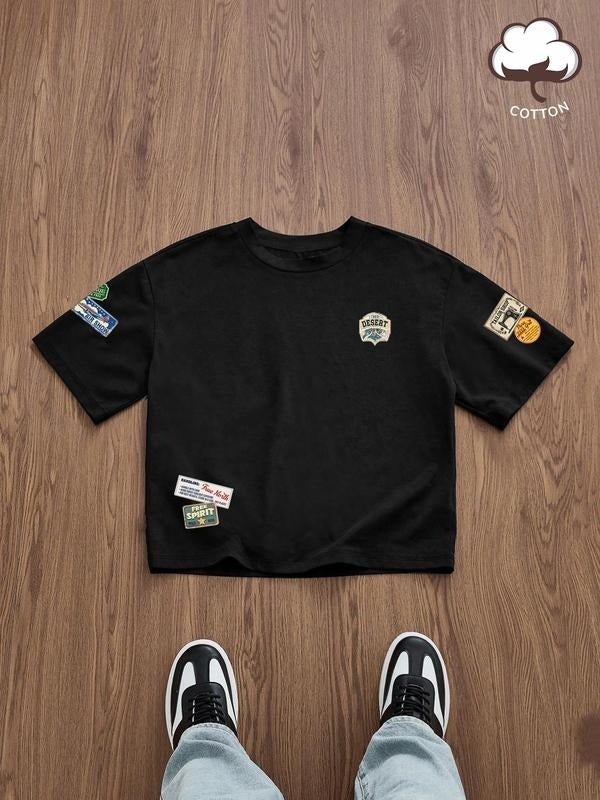 Men's Regular Fit Letter & Patch Print Round Neck Graphic Tee, Casual Short Sleeve T-shirt for Summer, Men's Top for...