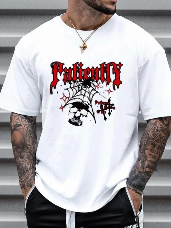 Men's Regular Fit Letter & Spider Web Print Round Neck Tee, Casual Short Sleeve Crew Neck T-shirt for Summer, Men's Top...