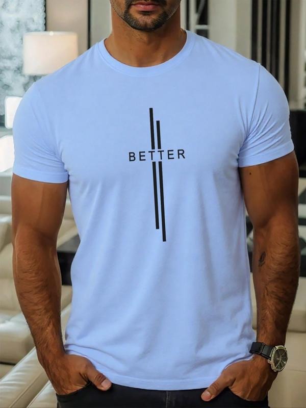 Men's Regular Fit Letter & Striped Print Round Neck Tee, Casual Short Sleeve Crew Neck T-shirt for Daily Wear, Fashion...