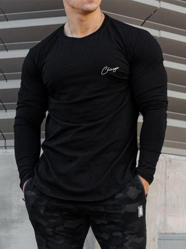 Men's Regular Fit Letter Print Round Neck Tee, Casual Long Sleeve Crew Neck T-Shirt for All Seasons, Men's Top for Daily...
