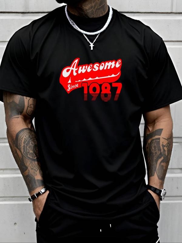 Men's Regular Fit Letter Print Round Neck Tee, Vintage Trendy Casual Short Sleeve T-shirt for Daily Wear, Menswear for...