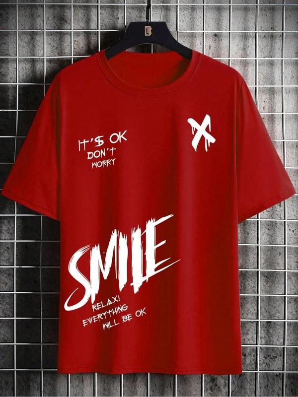 Men's Regular Fit Letter Print Tee, Slogan Graphic Crew Neck T-Shirt, Casual Comfy Knitting Top for Summer Hoodie, Sweatshirt