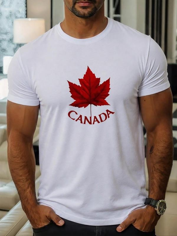 Men's Regular Fit Maple Leaf Print Round Neck Tee, Casual Short Sleeve Crew Neck T-shirt for Daily Wear, Men's Top for...