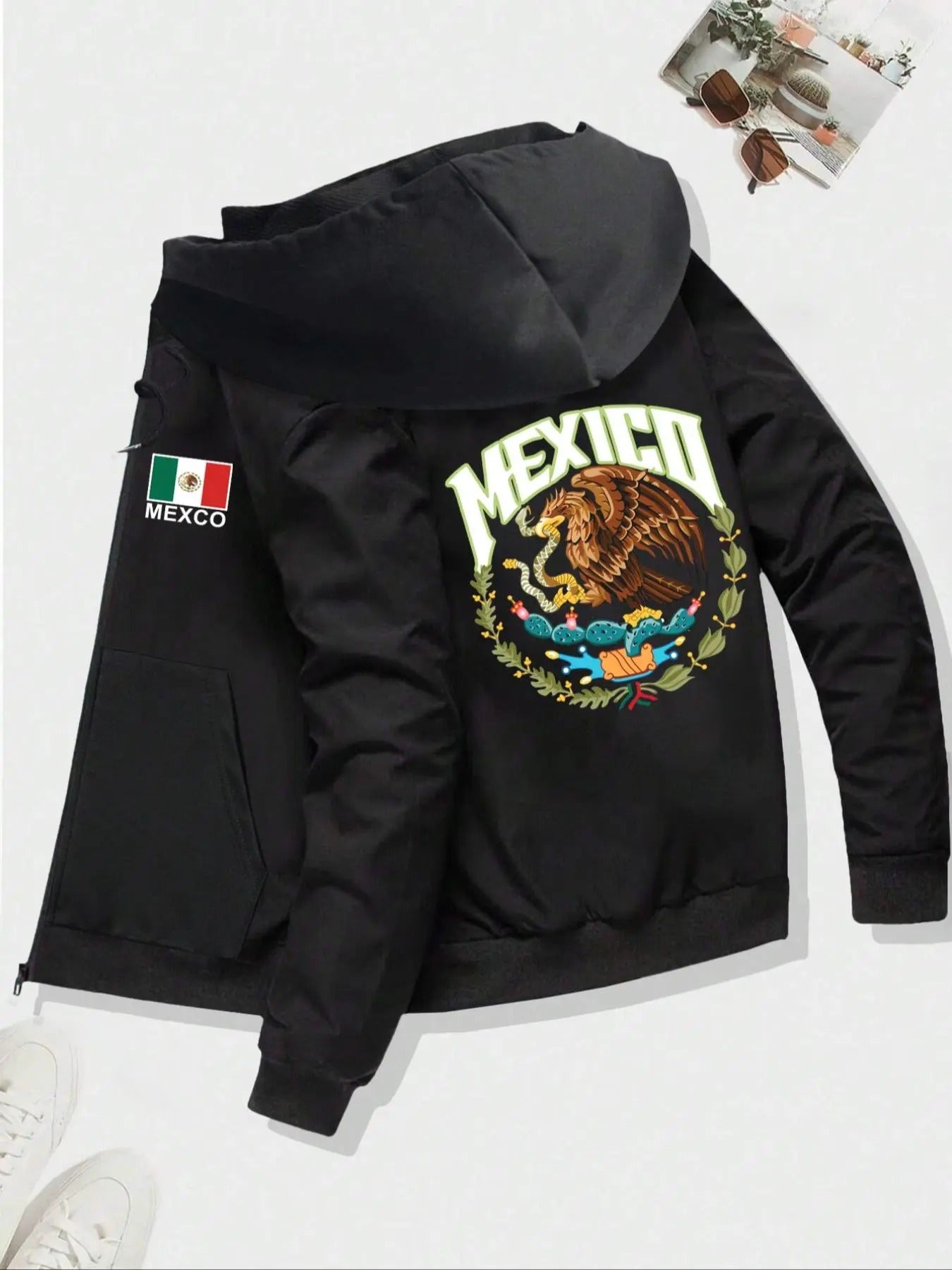 Men's Regular Fit Mexican Flag & Eagle Print Hoodie, Casual Letter Print Long Sleeve Hooded Sweatshirt for Fall & Winter,...