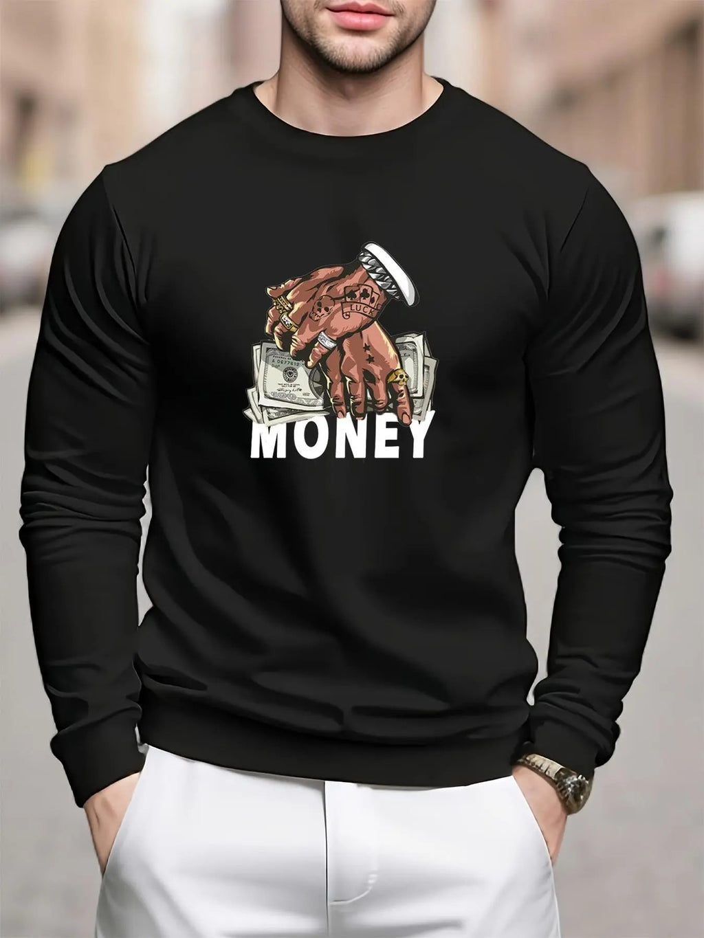 Men's Regular Fit Money & Hand Print Round Neck Sweatshirt, Casual Long Sleeve Crew Neck Pullover for Daily Wear, Fashion...