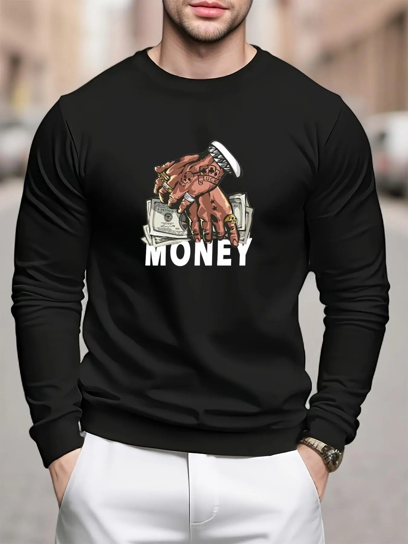 Men's Regular Fit Money & Hand Print Round Neck Sweatshirt, Casual Long Sleeve Crew Neck Pullover for Daily Wear, Fashion...