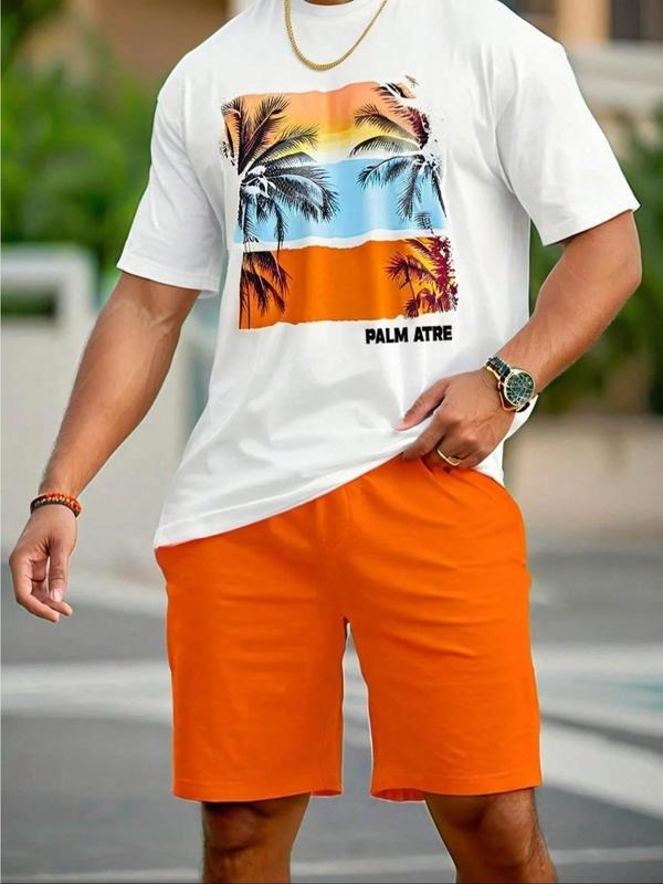 Men's Regular Fit Palm Tree Print Round Neck Tee, Casual Short Sleeve Crew Neck T-shirt for Summer, Fashion Men's Top for...