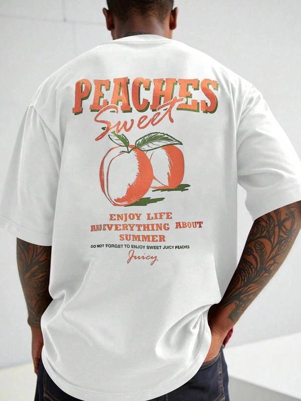 Men's Regular Fit Peach & Letter Print Round Neck Graphic Tee, Casual Short Sleeve T-shirt for Summer, Men's Top for...