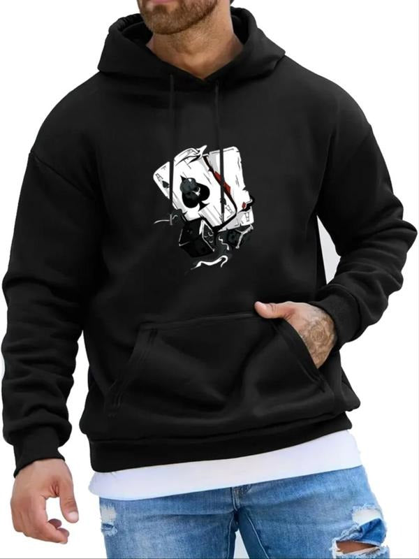 Men's Regular Fit Playing Card & Dice Print Drop Shoulder Hoodie, Fashion Casual Drawstring Pocket Hooded Sweatshirt for...