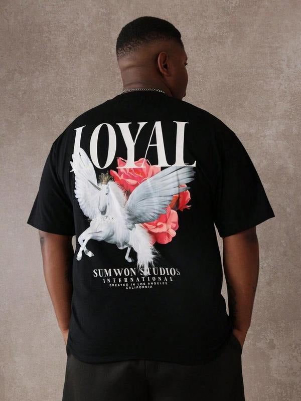 Men's Regular Fit Rose & Wing Print Round Neck Tee, Casual Short Sleeve Crew Neck T-shirt for Summer, Fashion Men's Top...