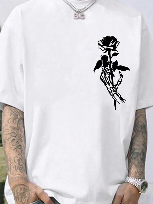Men's Regular Fit Rose Print Drop Shoulder Tee, Casual Comfy Short Sleeve Round Neck T-Shirt for Summer, Knitting Top for...