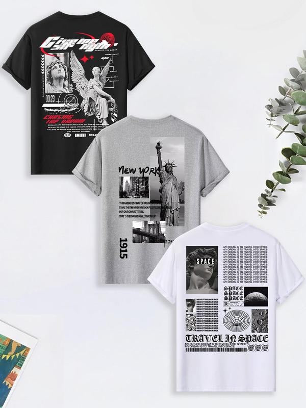 Men's Regular Fit Sculpture Letter Graphic Round Neck Tee, Casual Comfy Short Sleeve T-shirt for Summer, Fashion Men's...