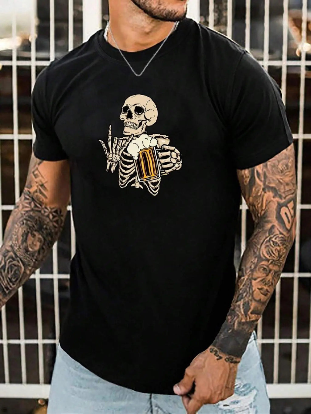 Men's Regular Fit Skeleton Print Round Neck Tee, Street Fashion Casual Short Sleeve T-shirt For Daily Holiday Vacation...