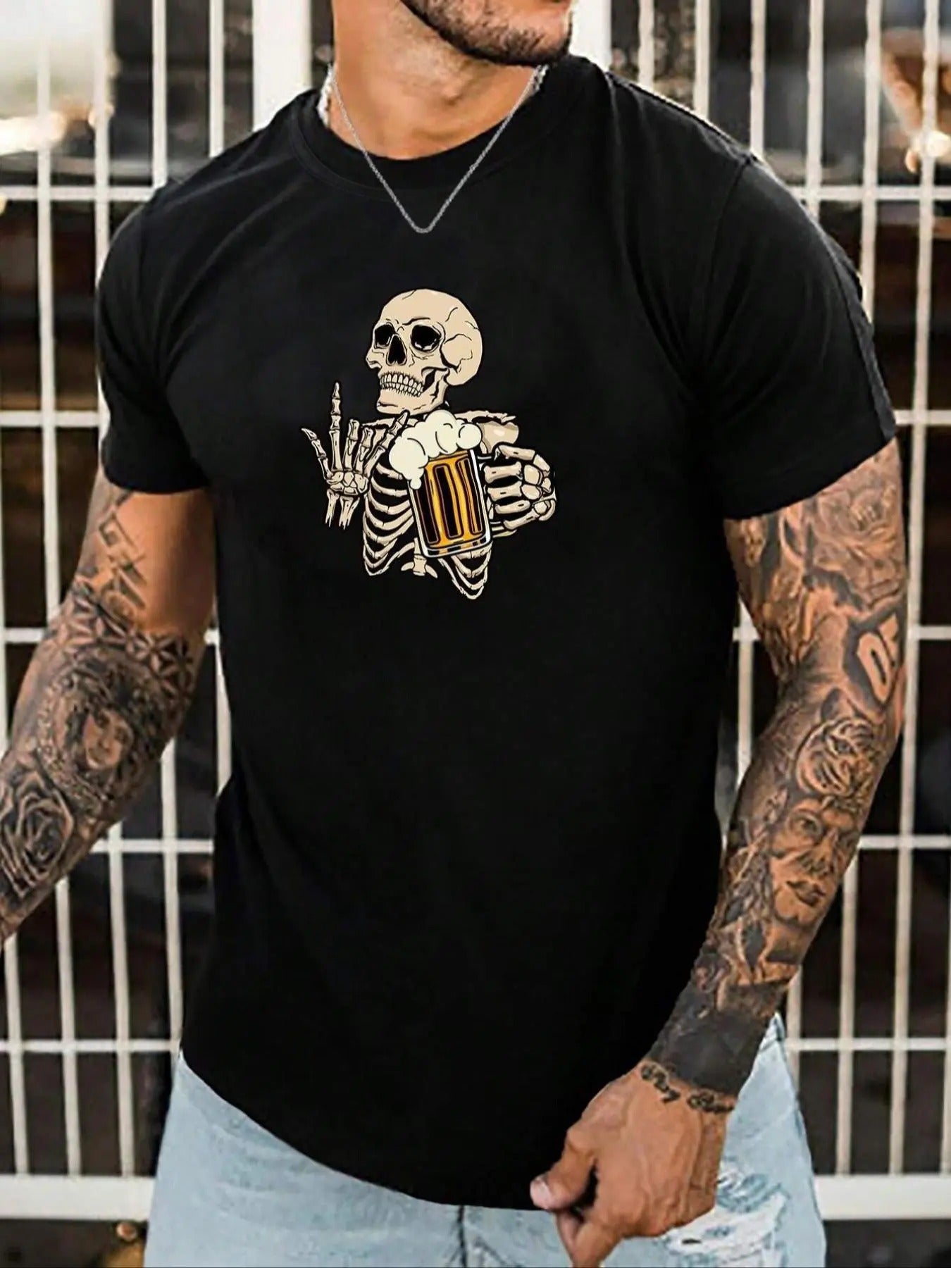 Men's Regular Fit Skeleton Print Round Neck Tee, Street Fashion Casual Short Sleeve T-shirt For Daily Holiday Vacation...