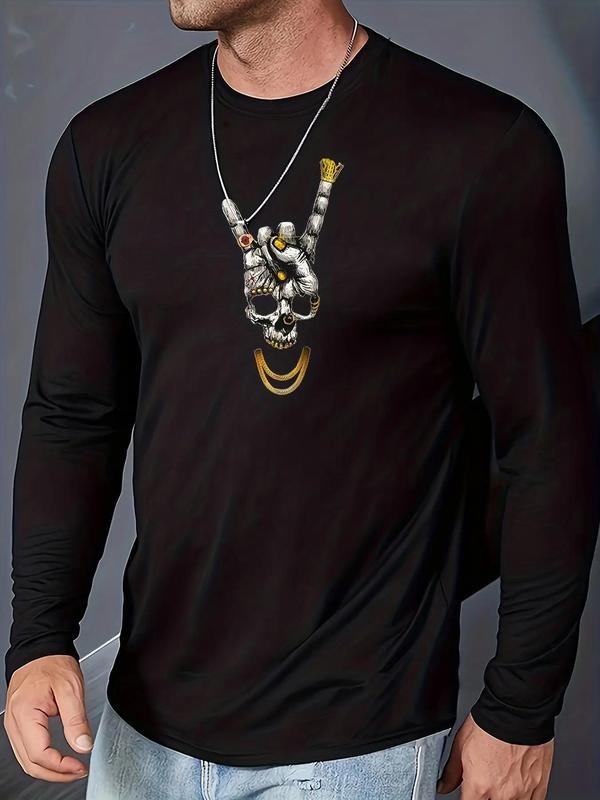 Men's Regular Fit Skull Graphic Round Neck Long Sleeve Tee, Crew Neck T-Shirt For Spring & Fall, Casual Men's Top For...