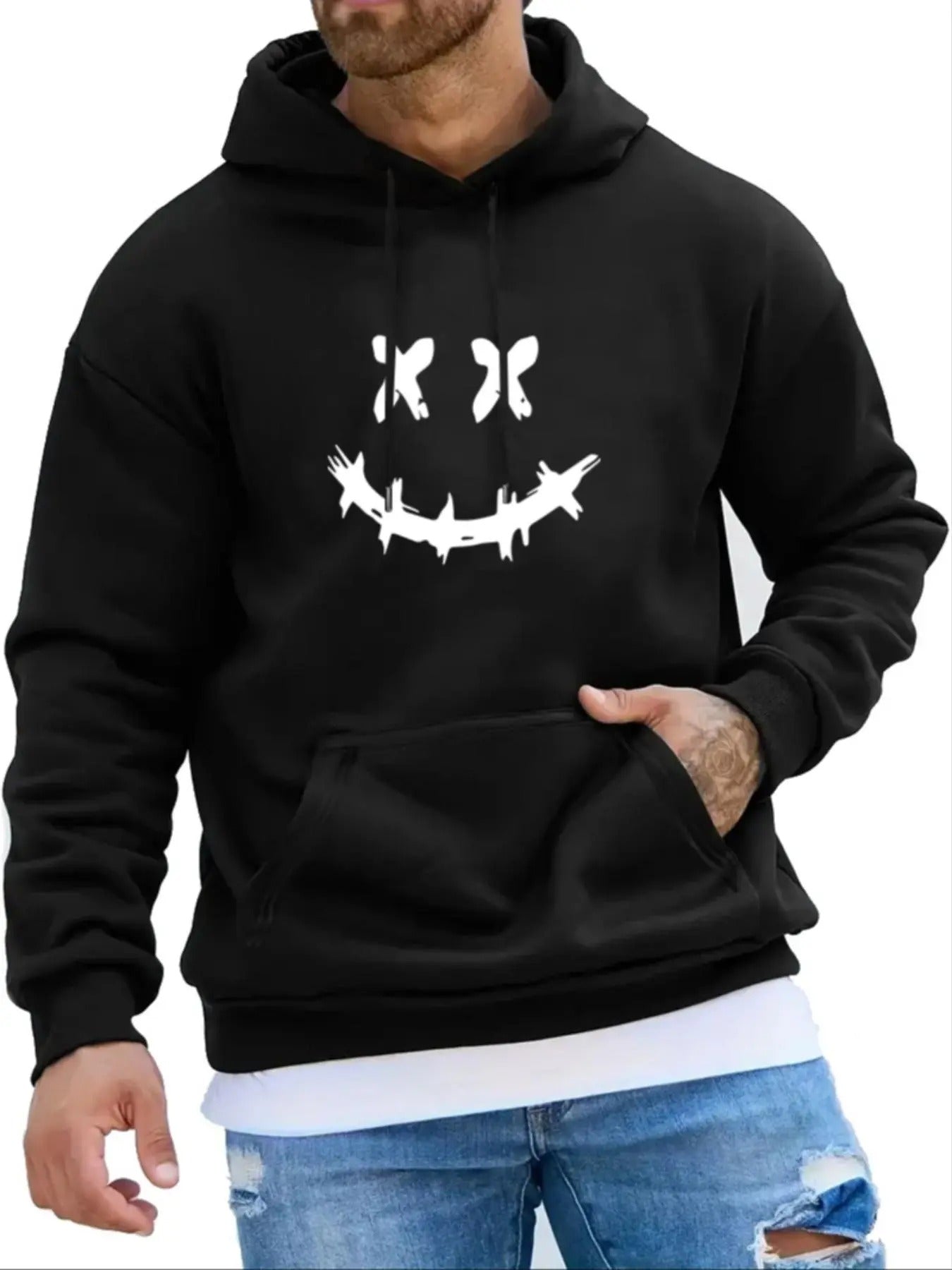 Men's Regular Fit Smile Face Print Drop Shoulder Hoodie, Fashion Casual Drawstring Pocket Hooded Sweatshirt for Daily...