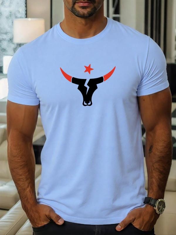 Men's Regular Fit Star Bull Head Print Round Neck Tee, Casual Short Sleeve Crew Neck T-shirt for Daily Wear, Fashion...