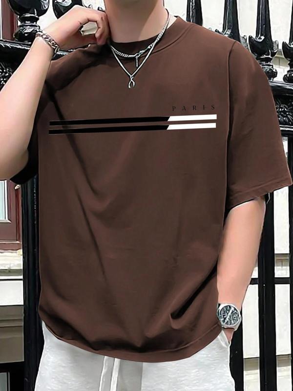 Men's Regular Fit Striped & Letter Print Round Neck Tee, Casual Short Sleeve Crew Neck T-Shirt for Summer, Fashion Men's...